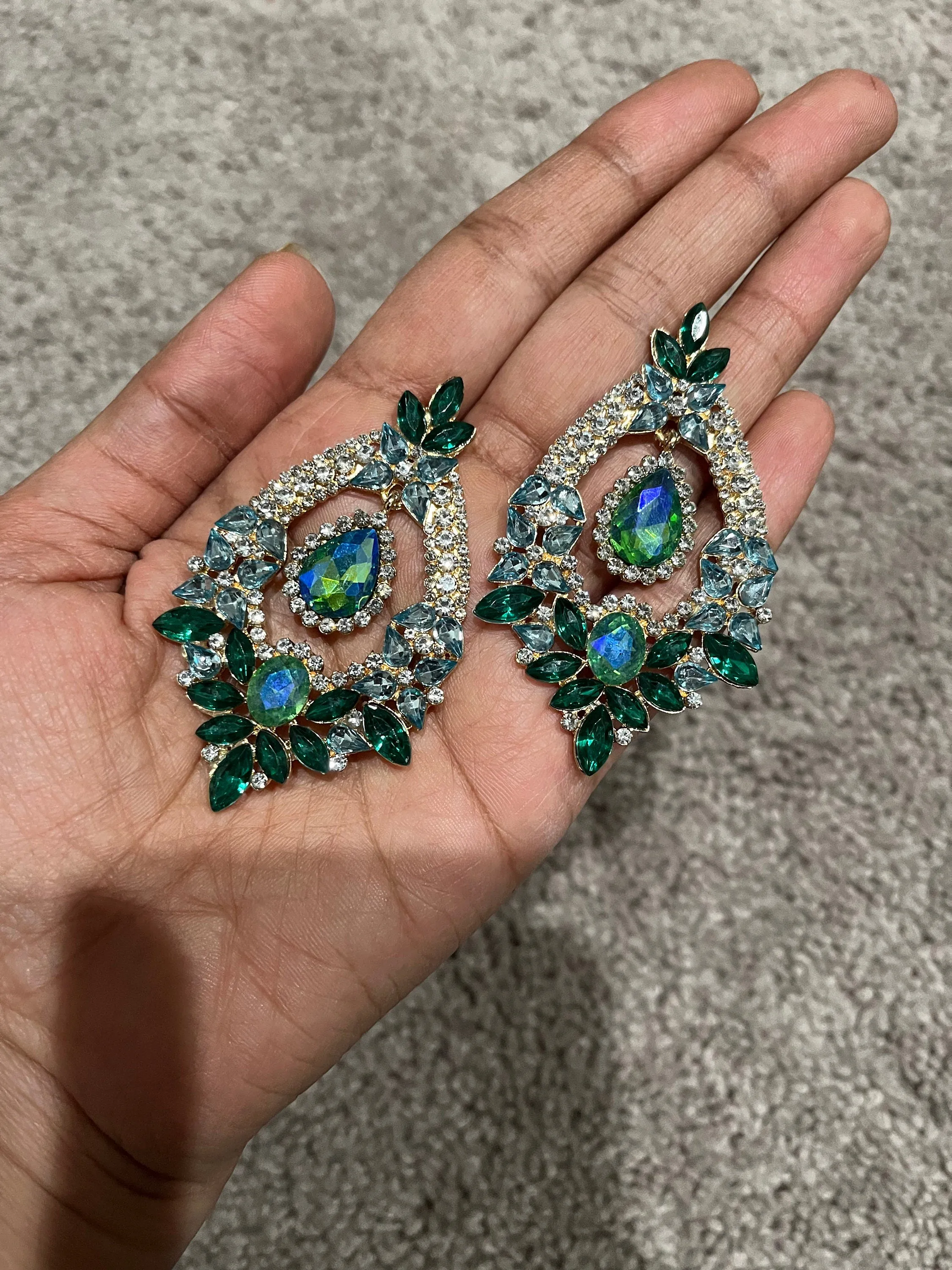 Big Blue and green earrings ,large Emerald  earrings , green crystal earrings, blue chandelier rhinestone earrings crystal 2.6” long