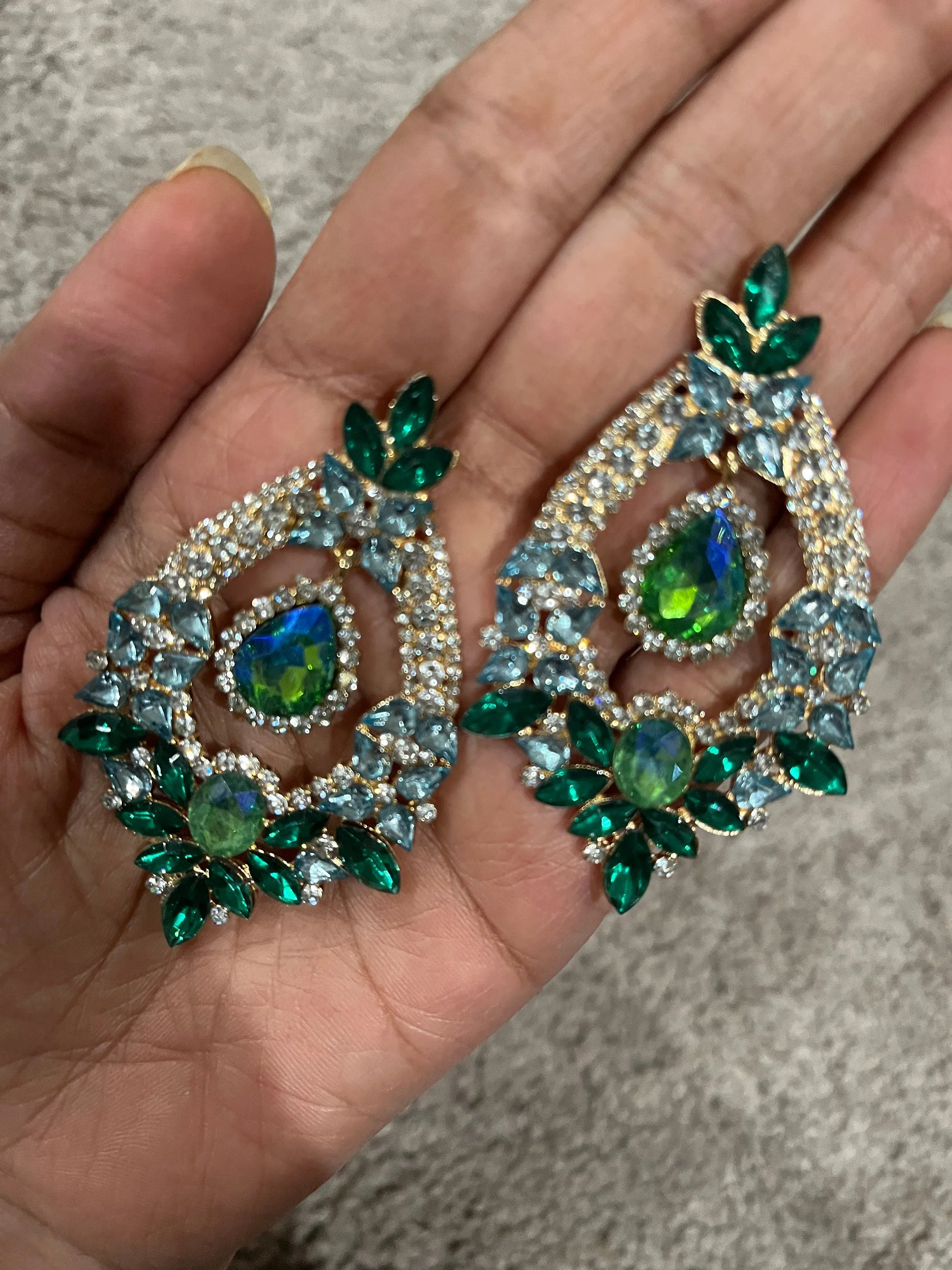 Big Blue and green earrings ,large Emerald  earrings , green crystal earrings, blue chandelier rhinestone earrings crystal 2.6” long