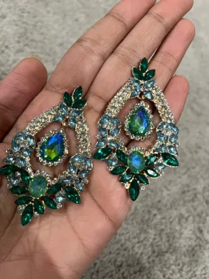 Big Blue and green earrings ,large Emerald  earrings , green crystal earrings, blue chandelier rhinestone earrings crystal 2.6” long