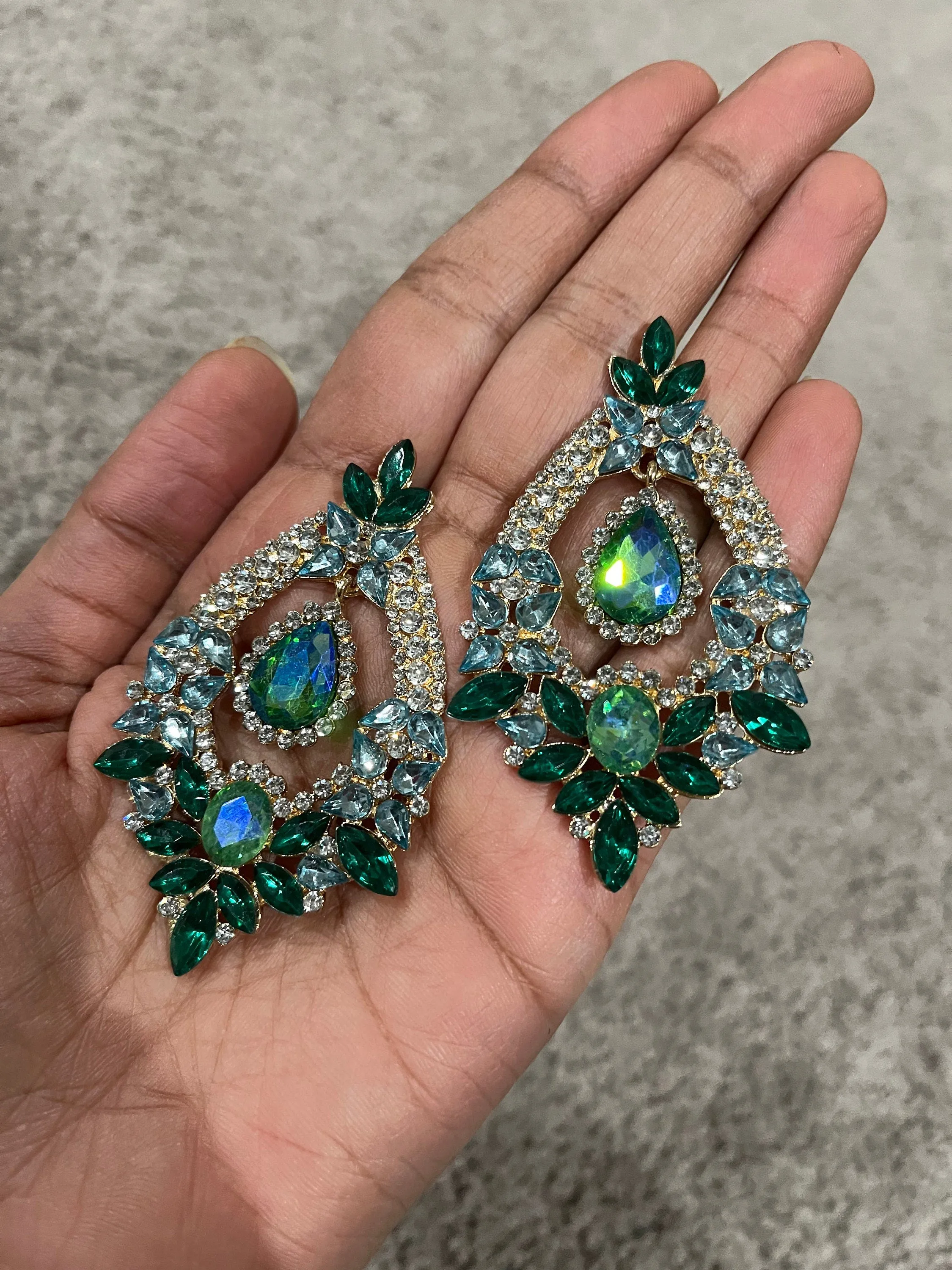 Big Blue and green earrings ,large Emerald  earrings , green crystal earrings, blue chandelier rhinestone earrings crystal 2.6” long