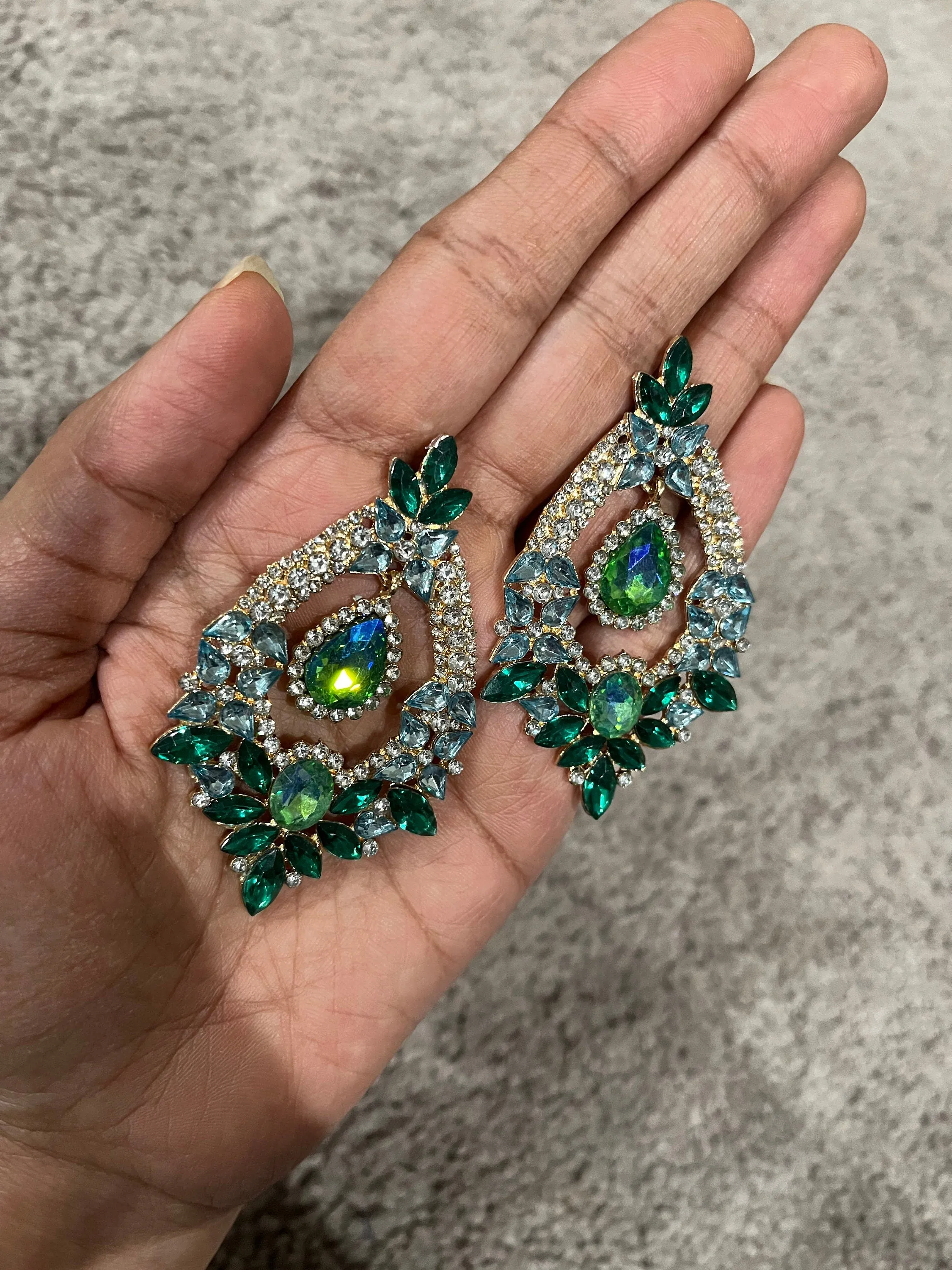 Big Blue and green earrings ,large Emerald  earrings , green crystal earrings, blue chandelier rhinestone earrings crystal 2.6” long