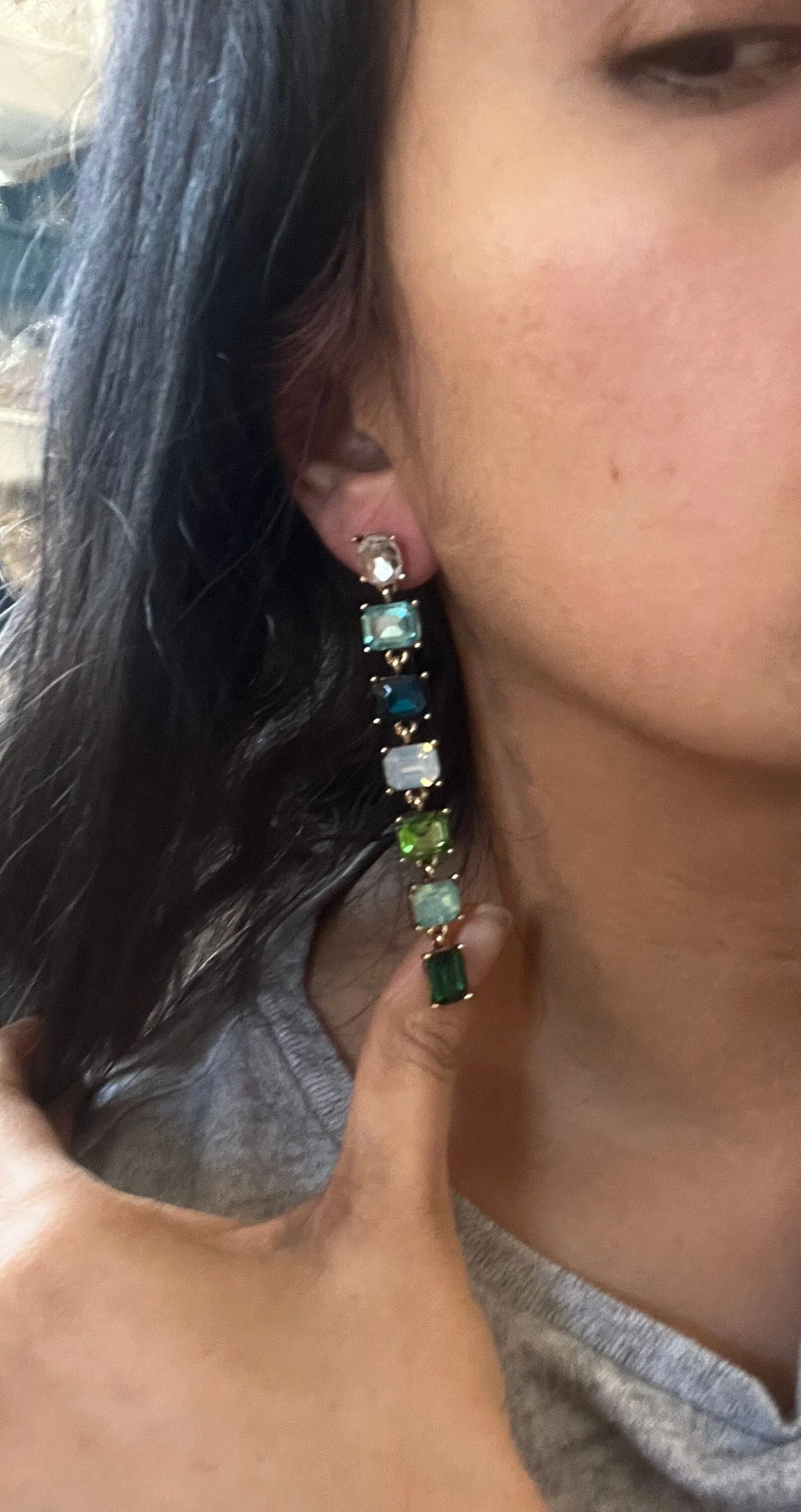 Big Blue and green earrings ,large Emerald  earrings , green crystal earrings, blue chandelier rhinestone earrings crystal teal