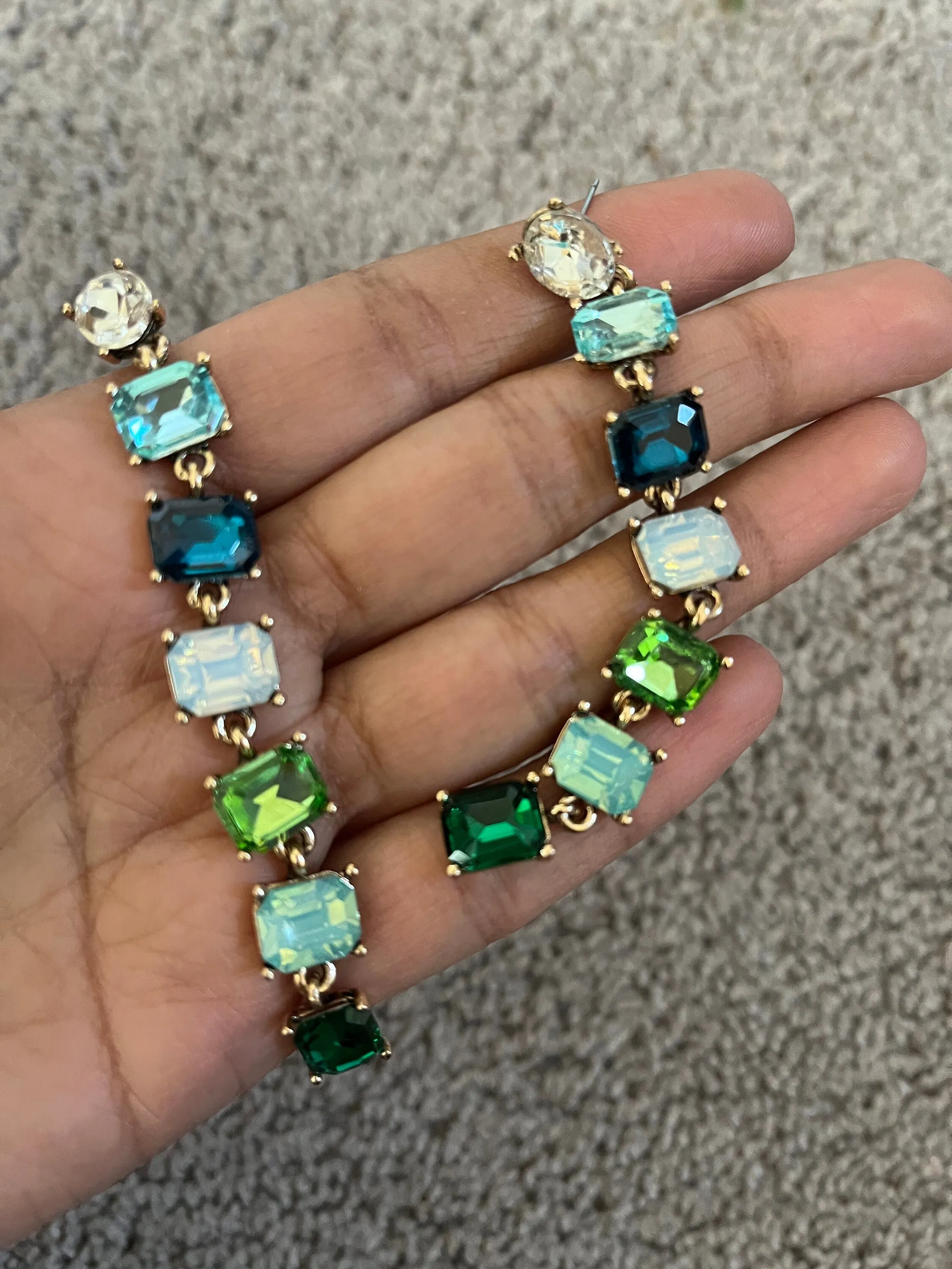 Big Blue and green earrings ,large Emerald  earrings , green crystal earrings, blue chandelier rhinestone earrings crystal teal
