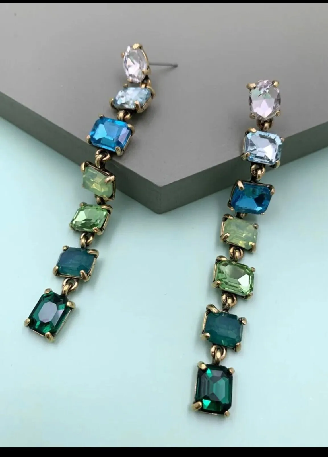 Big Blue and green earrings ,large Emerald  earrings , green crystal earrings, blue chandelier rhinestone earrings crystal teal