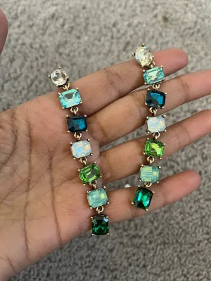 Big Blue and green earrings ,large Emerald  earrings , green crystal earrings, blue chandelier rhinestone earrings crystal teal