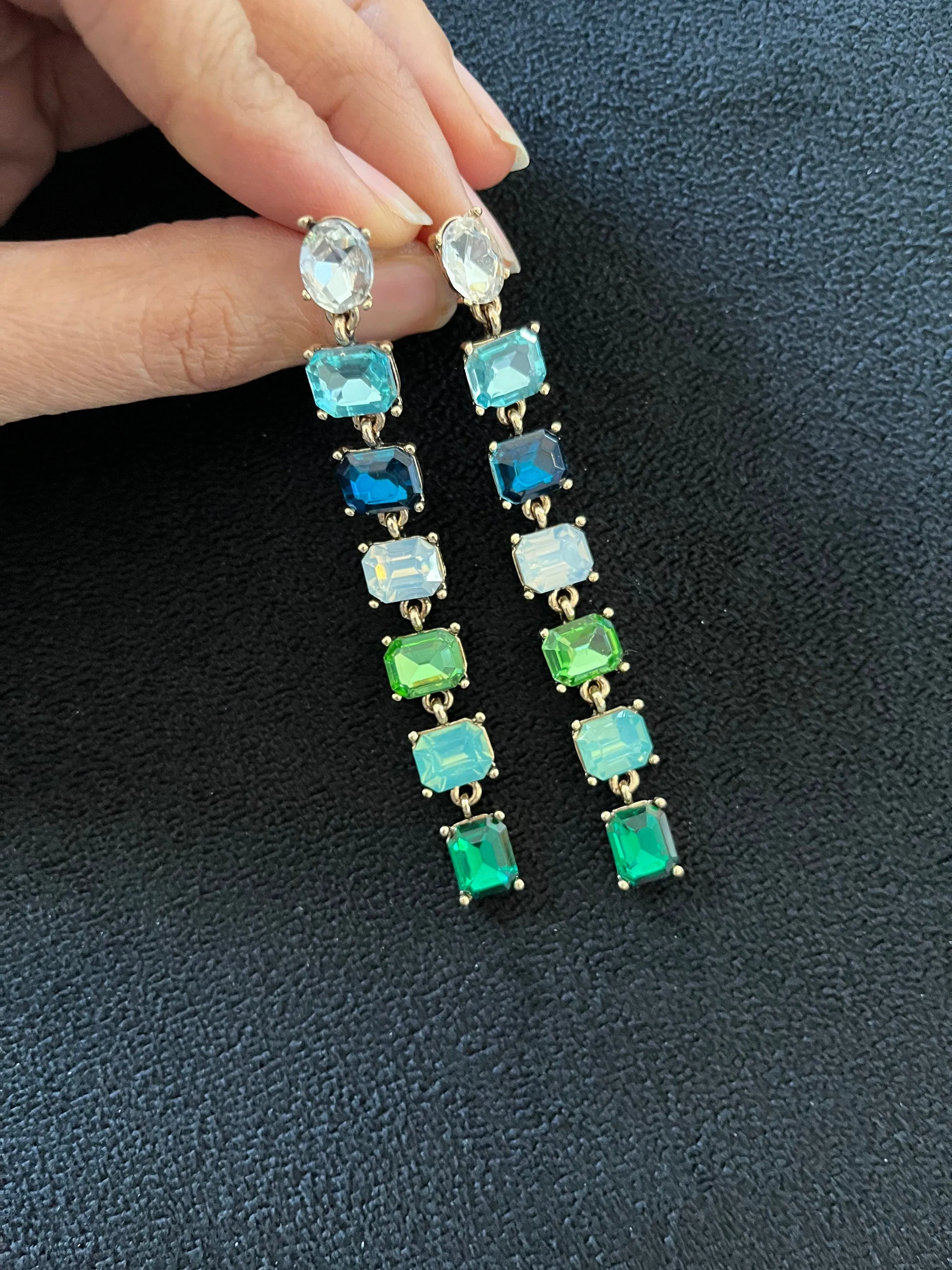 Big Blue and green earrings ,large Emerald  earrings , green crystal earrings, blue chandelier rhinestone earrings crystal teal
