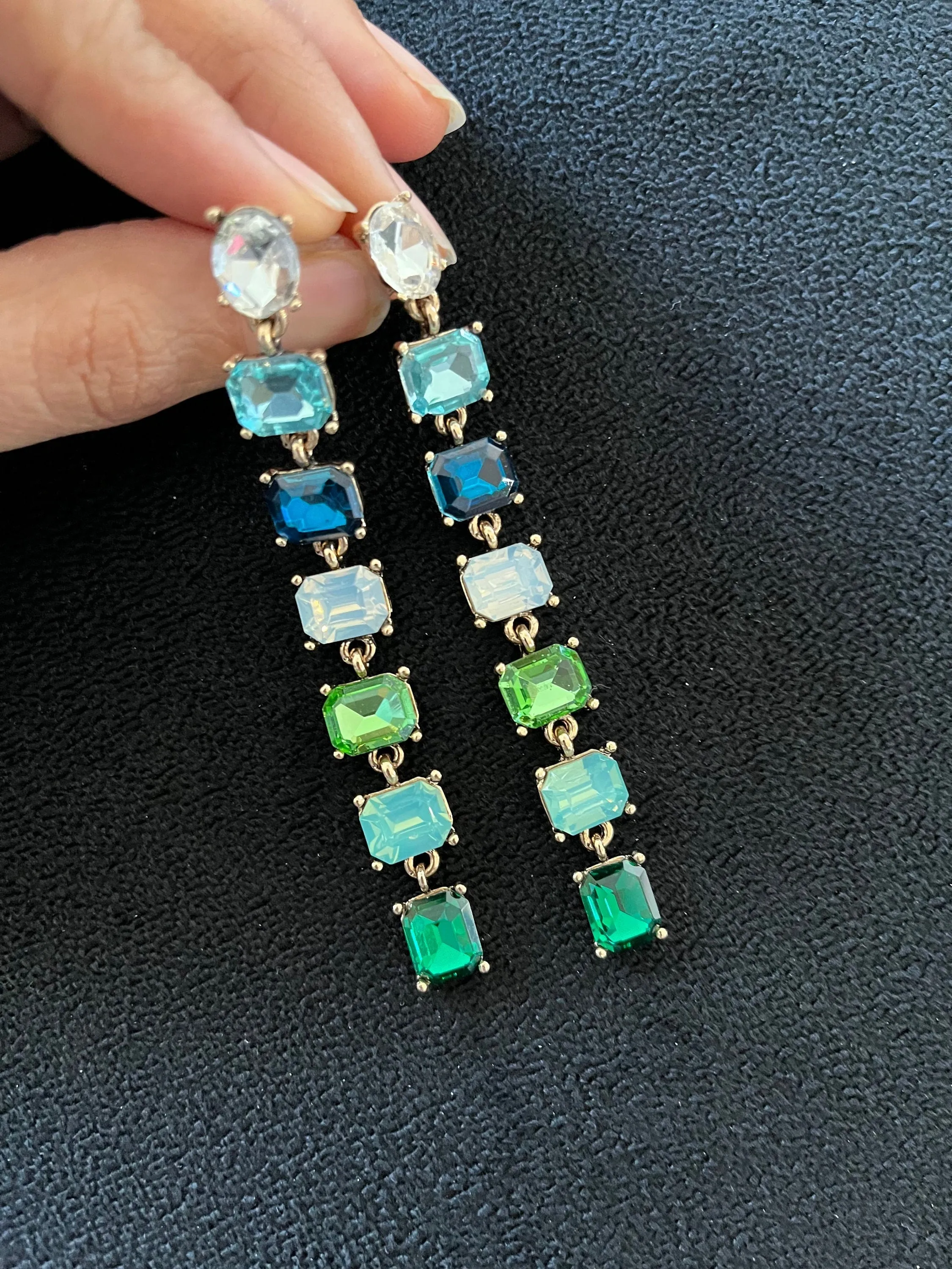 Big Blue and green earrings ,large Emerald  earrings , green crystal earrings, blue chandelier rhinestone earrings crystal teal