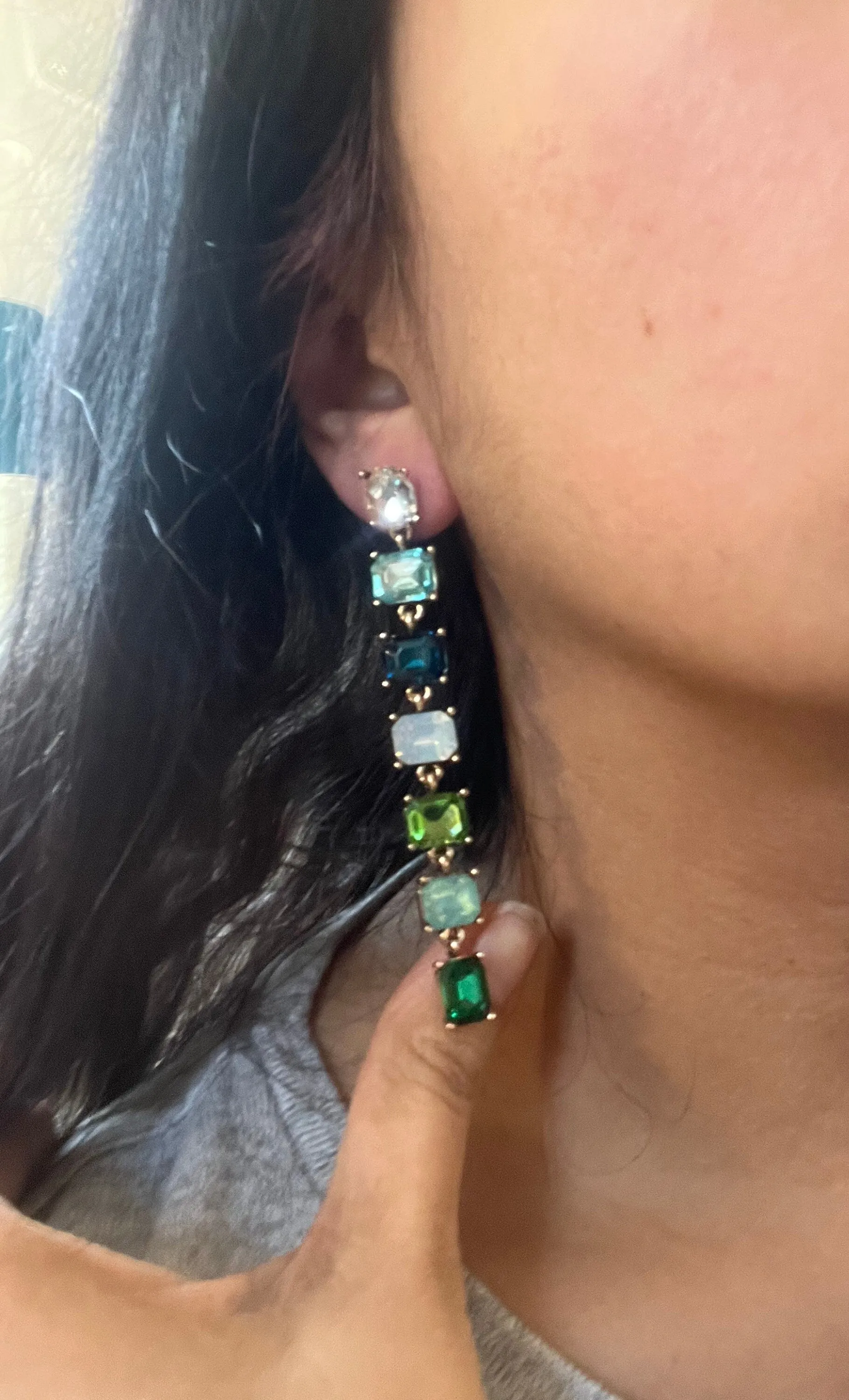 Big Blue and green earrings ,large Emerald  earrings , green crystal earrings, blue chandelier rhinestone earrings crystal teal