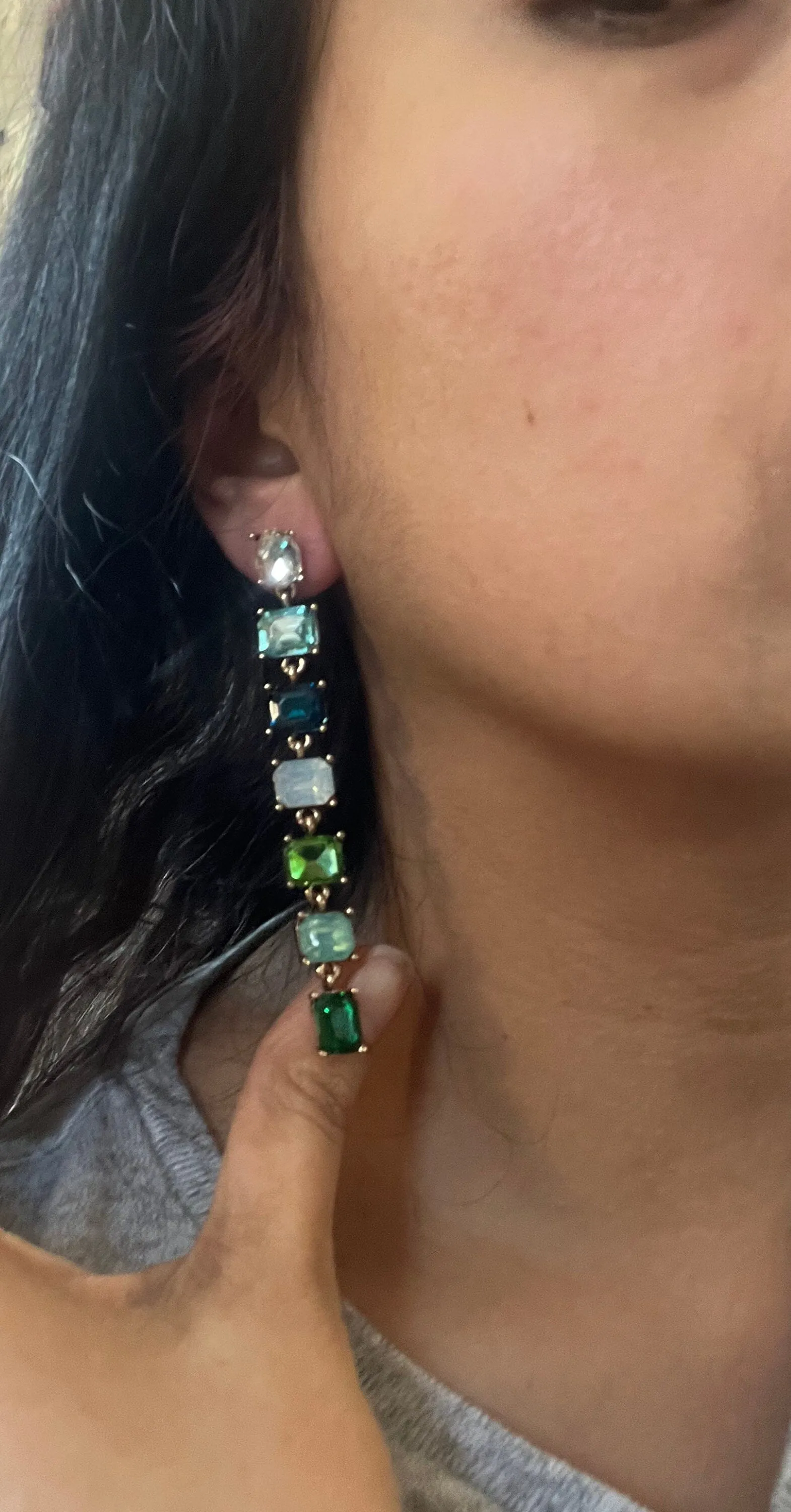Big Blue and green earrings ,large Emerald  earrings , green crystal earrings, blue chandelier rhinestone earrings crystal teal