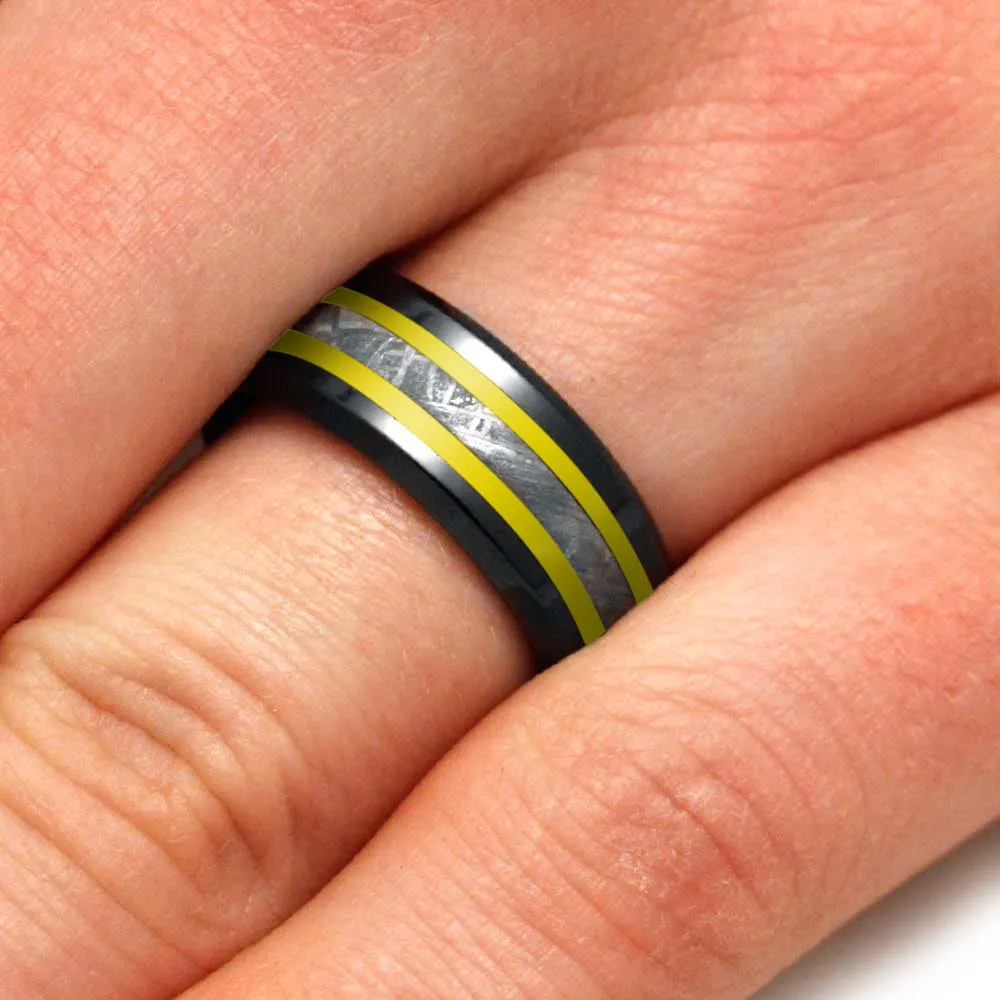 Black & Yellow Ring With Genuine Meteorite