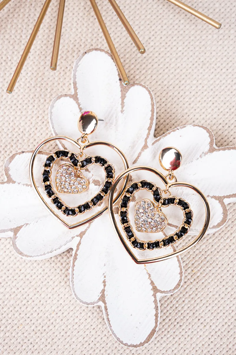 Black and Goldtone Desiree Heart Earrings