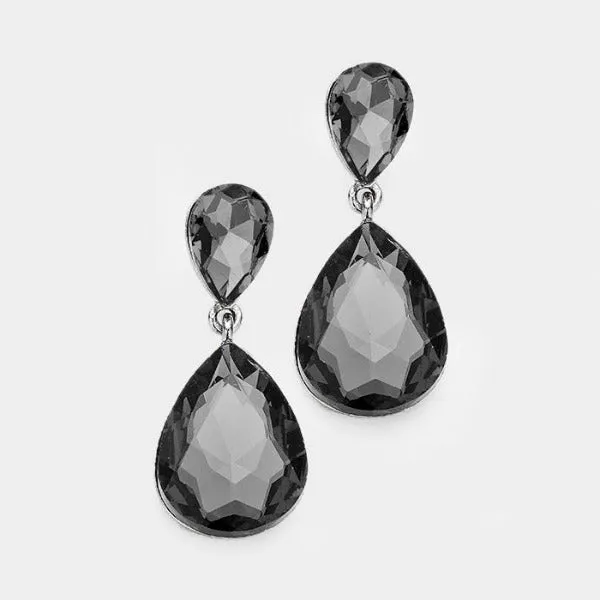 Black Diamond Colored Crystal Double Teardrop Earrings