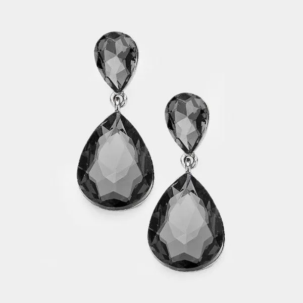 Black Diamond Colored Crystal Double Teardrop Earrings