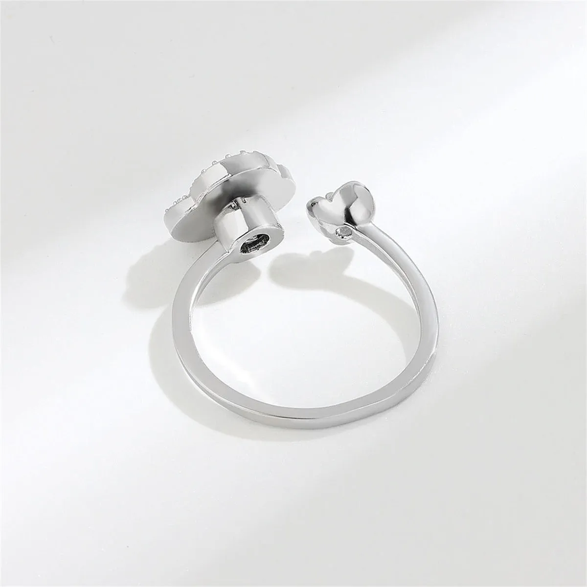 Black Enamel & Silver-Plated Cubic Zirconia-Accent Rotatable Rose Open Ring