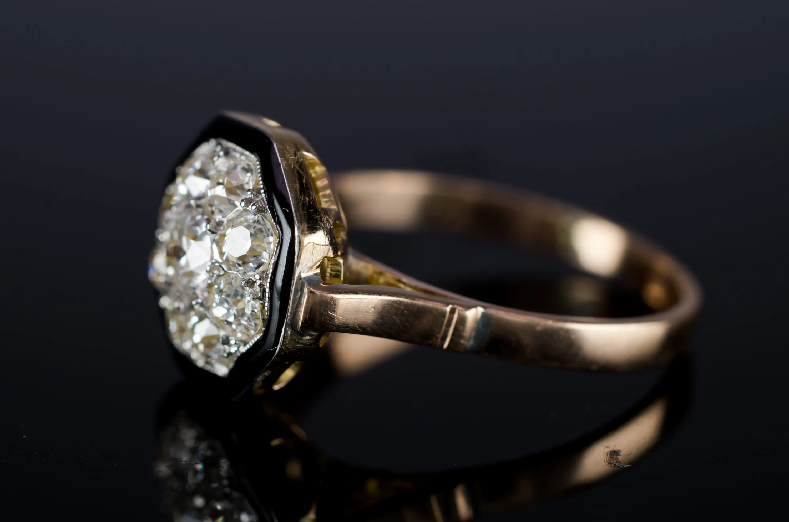 BLACK ENAMEL AND OLD MINE CUT CLUSTER RING