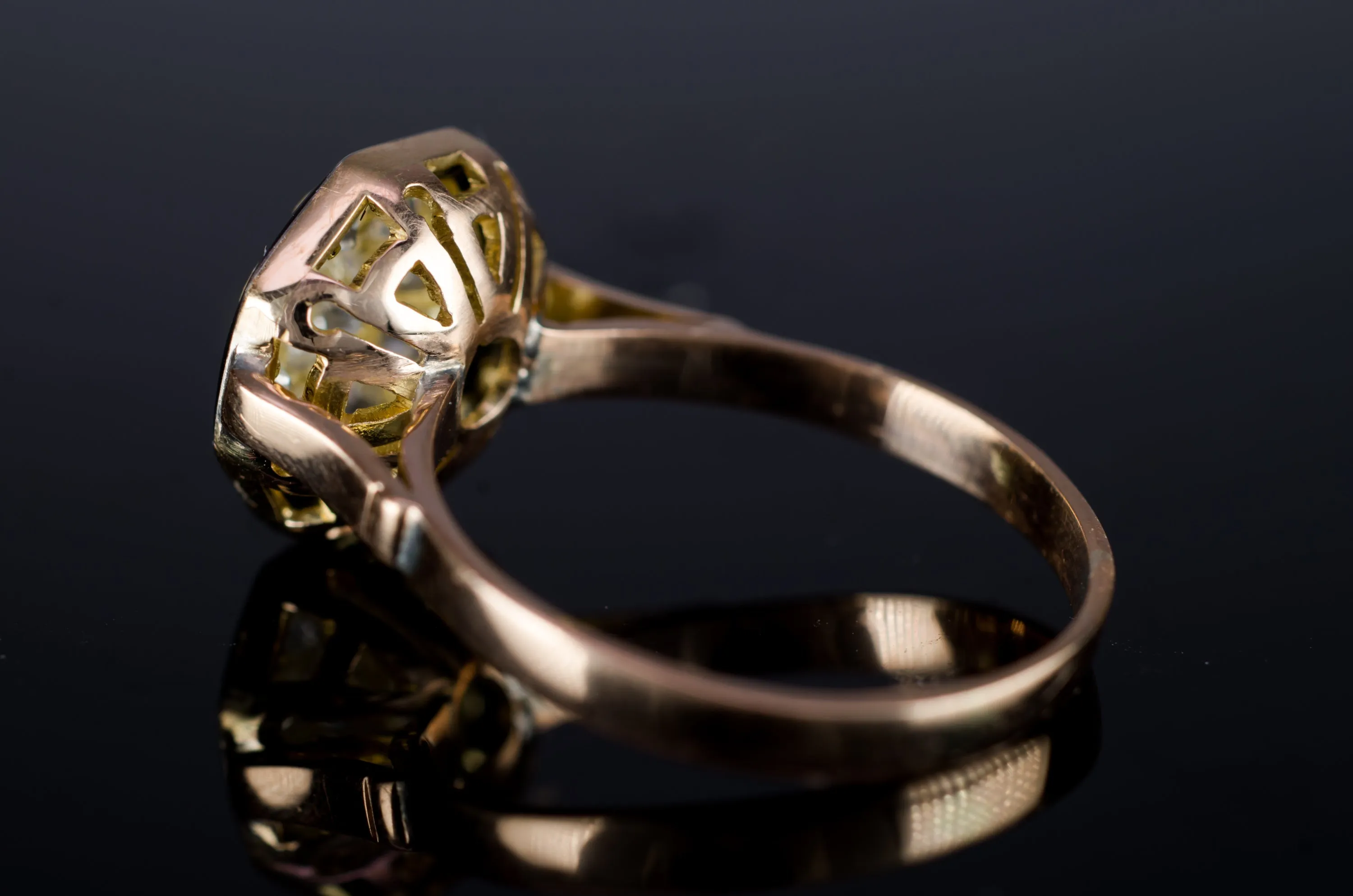 BLACK ENAMEL AND OLD MINE CUT CLUSTER RING