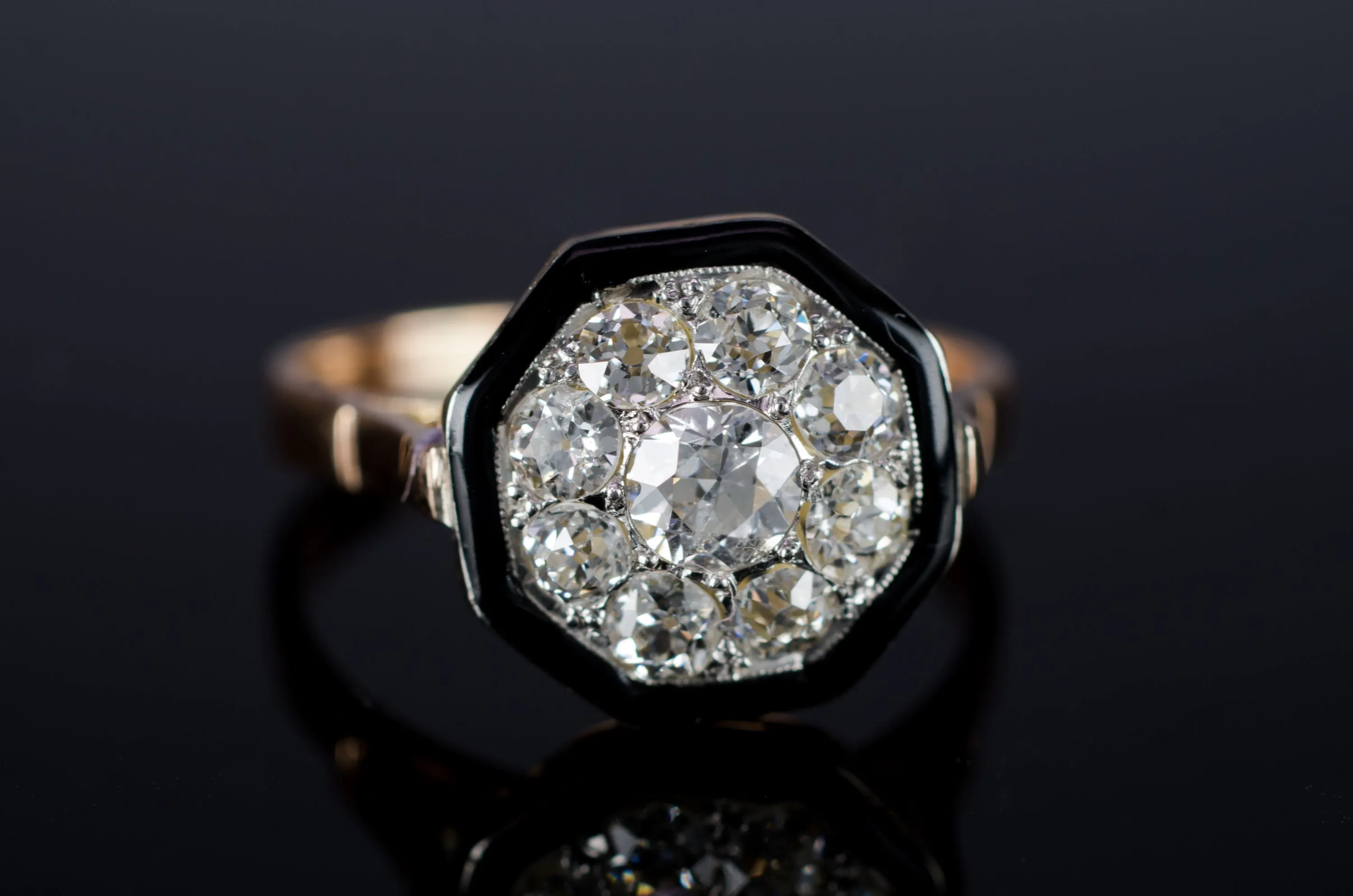 BLACK ENAMEL AND OLD MINE CUT CLUSTER RING