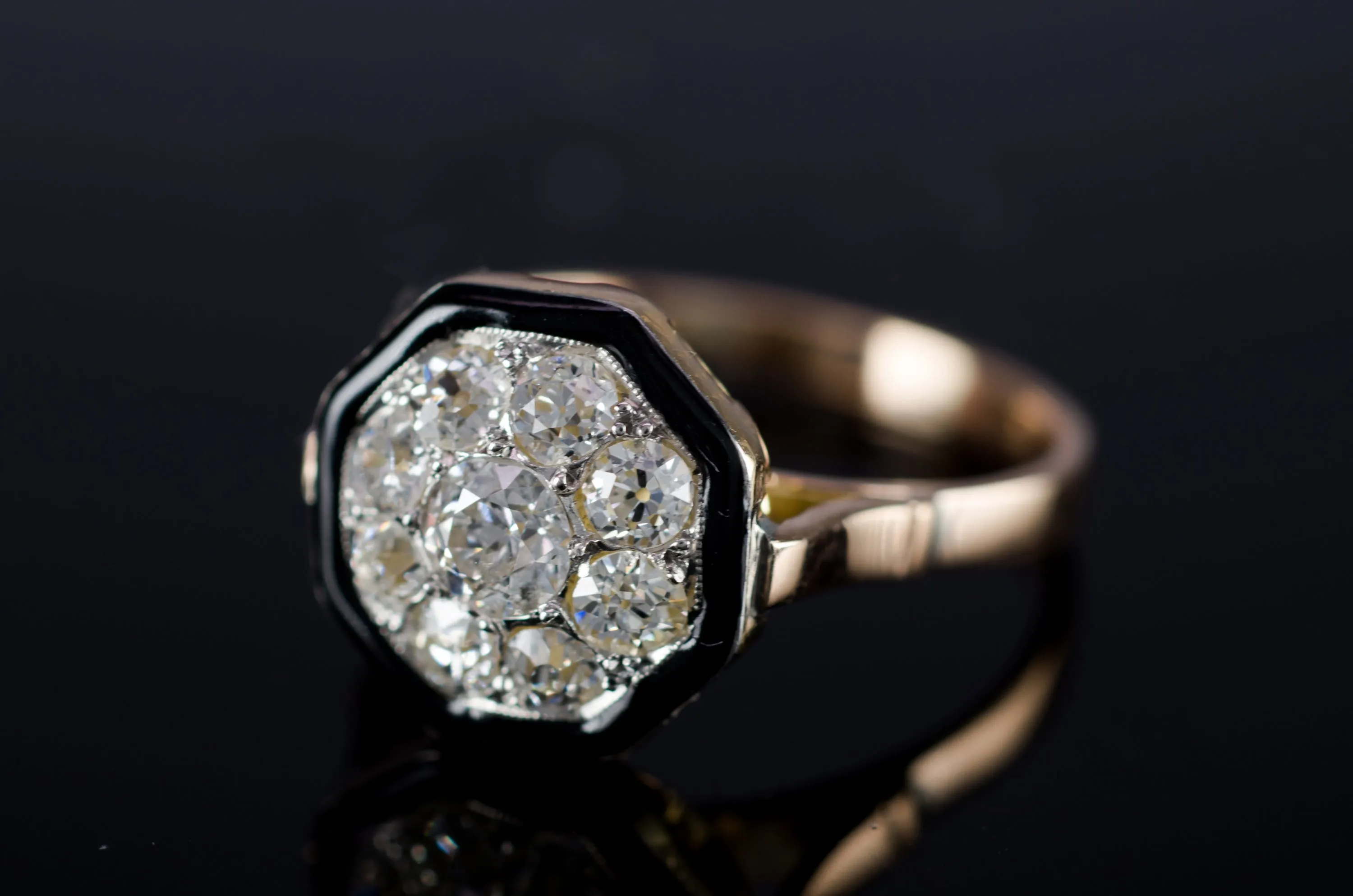 BLACK ENAMEL AND OLD MINE CUT CLUSTER RING