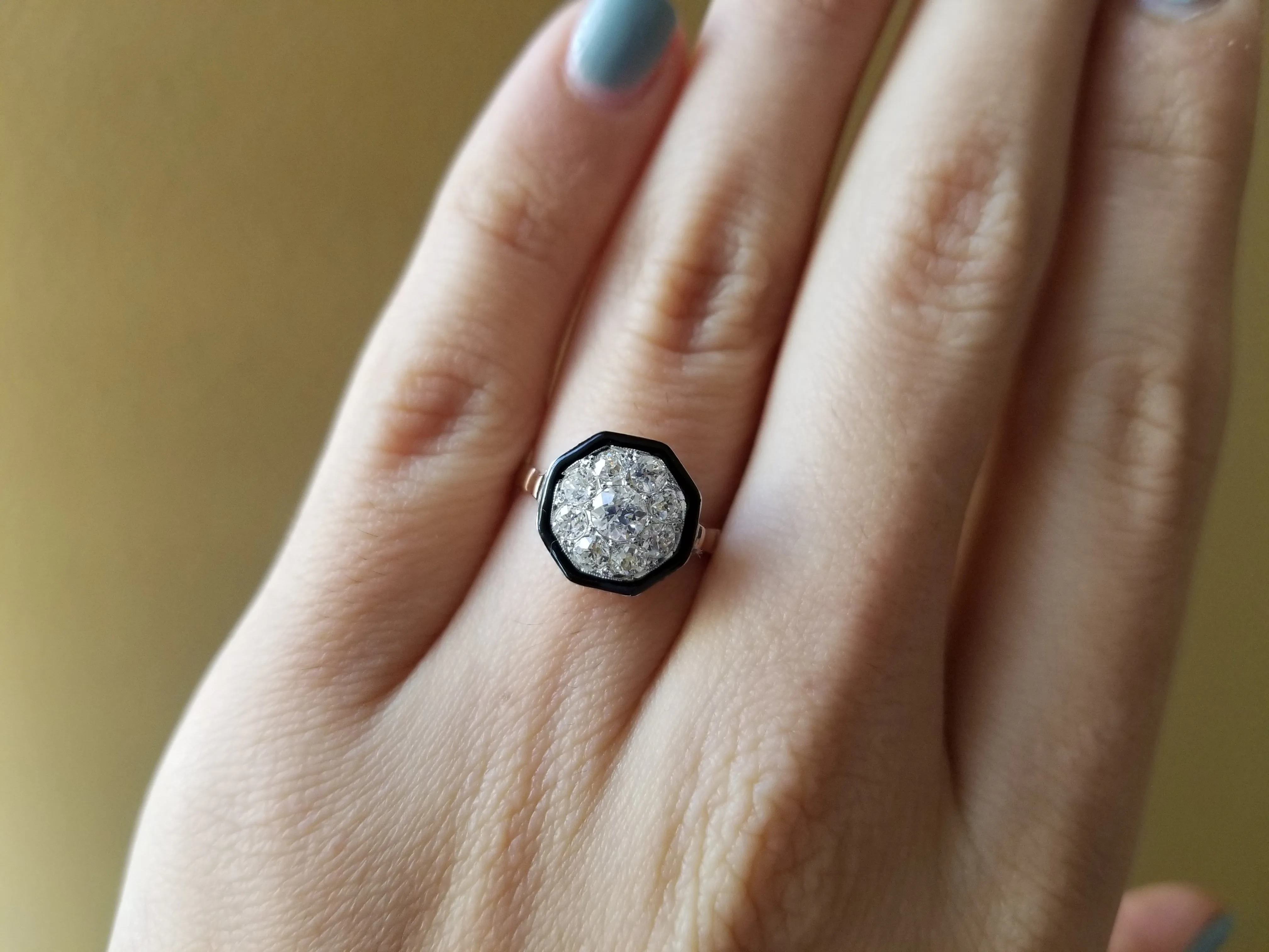 BLACK ENAMEL AND OLD MINE CUT CLUSTER RING