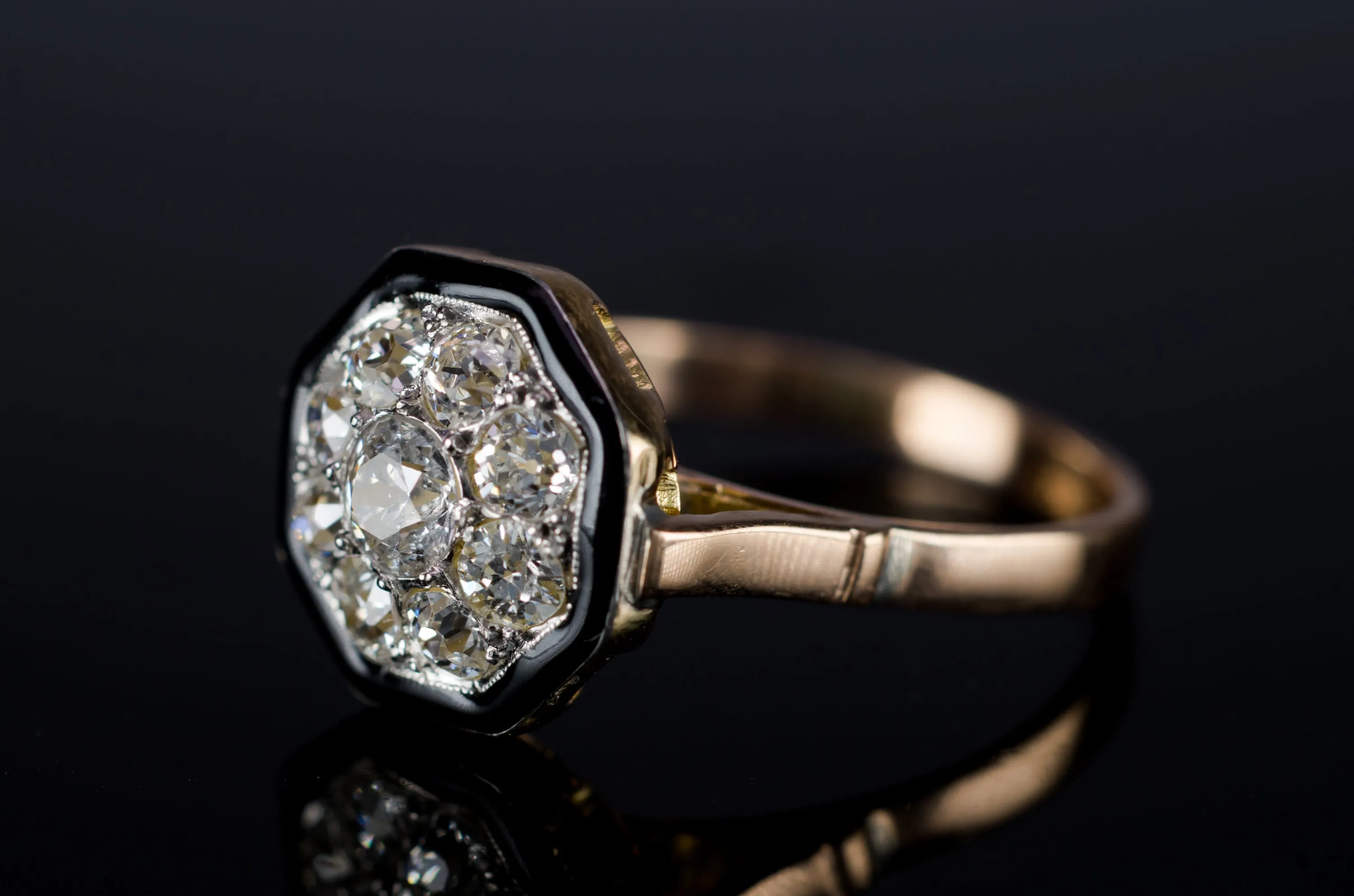 BLACK ENAMEL AND OLD MINE CUT CLUSTER RING