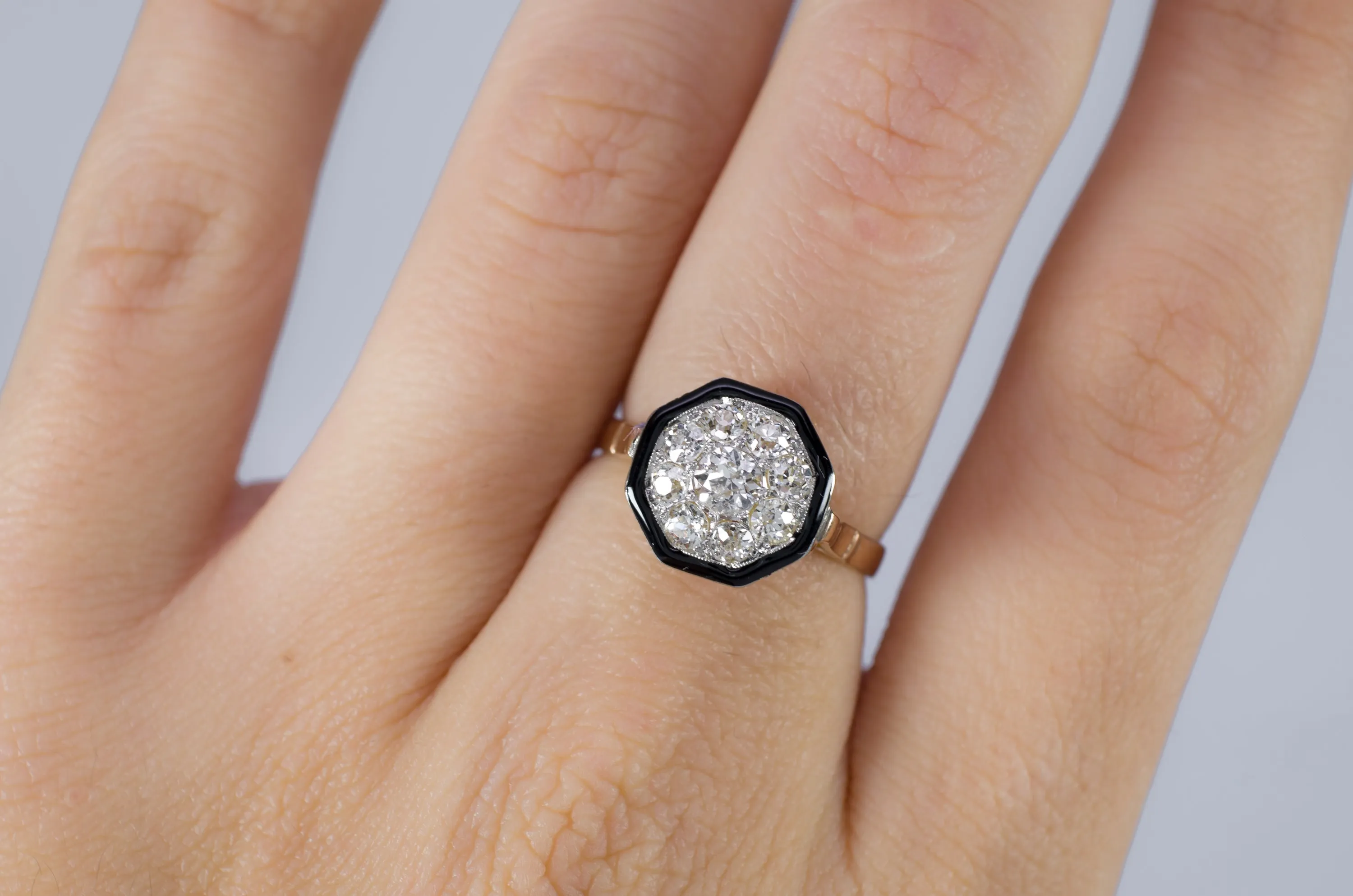 BLACK ENAMEL AND OLD MINE CUT CLUSTER RING