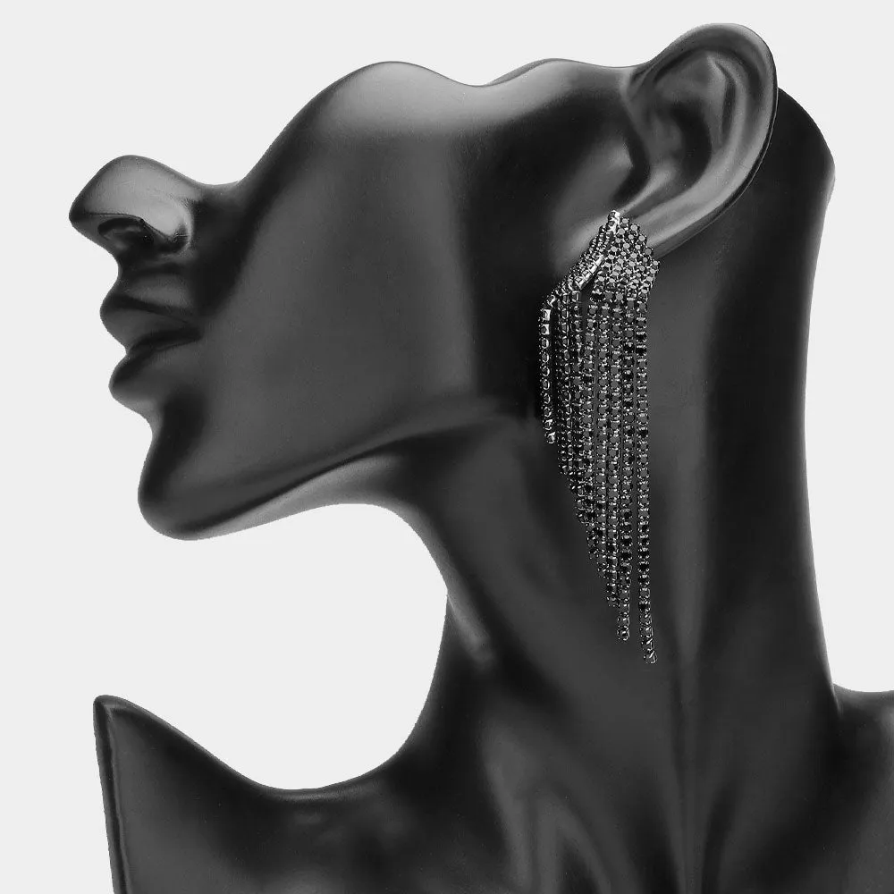 Black Rhinestone Variegated Fringe Pageant Earrings | Fringe Evening Earrings |  633014