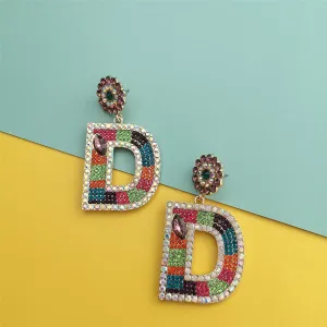 Blue & Pink Crystal & Cubic Zirconia 'D' Drop Earrings
