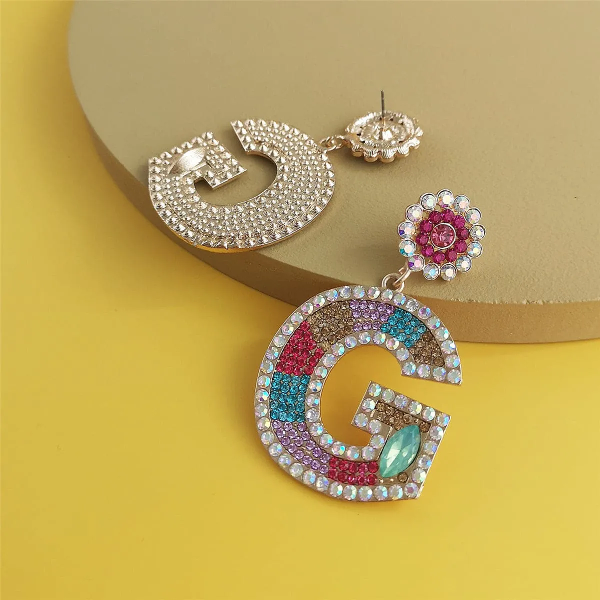 Blue & Pink Crystal & Cubic Zirconia 'G' Drop Earrings