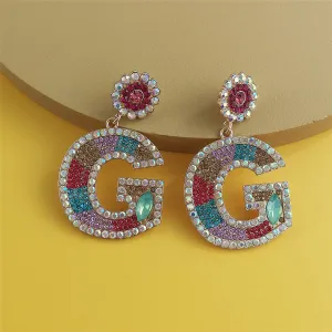 Blue & Pink Crystal & Cubic Zirconia 'G' Drop Earrings