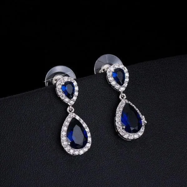 Blue & White Crystal Rhinestone Silver Teardrop Dangle Earrings