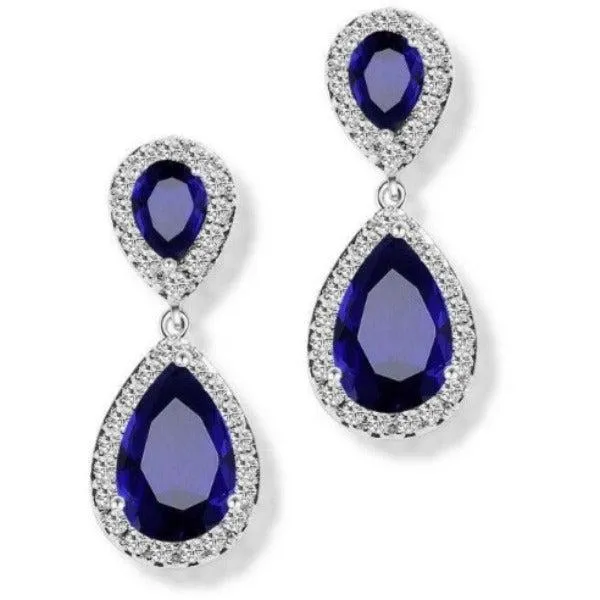 Blue & White Crystal Rhinestone Silver Teardrop Dangle Earrings
