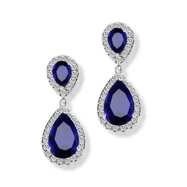 Blue & White Crystal Rhinestone Silver Teardrop Dangle Earrings