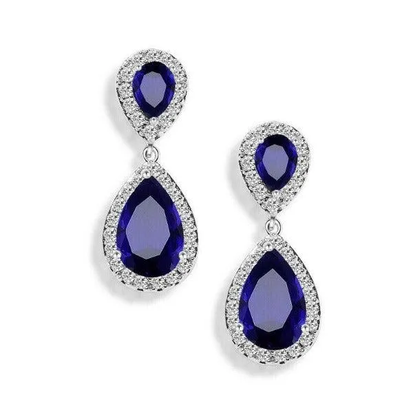 Blue & White Crystal Rhinestone Silver Teardrop Dangle Earrings