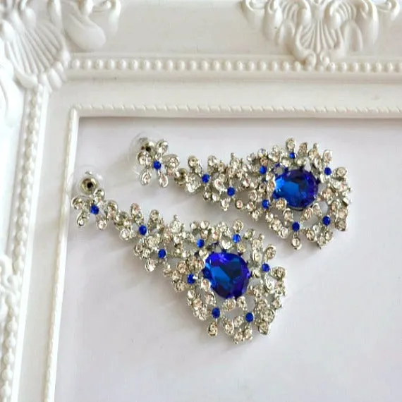 Blue Crystal Floral Spray Cluster Chandelier Earrings. Sapphire Rhinestone Teardrop Bridal Earrings. Blue Wedding Earrings, Dangle Earrings