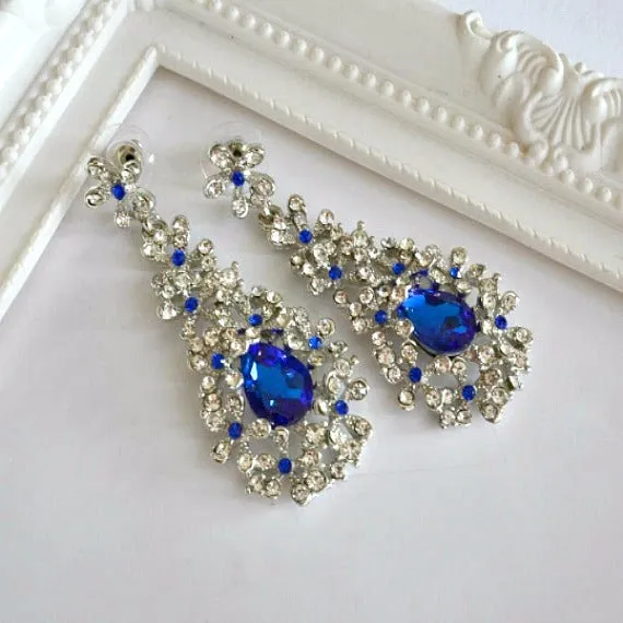 Blue Crystal Floral Spray Cluster Chandelier Earrings. Sapphire Rhinestone Teardrop Bridal Earrings. Blue Wedding Earrings, Dangle Earrings
