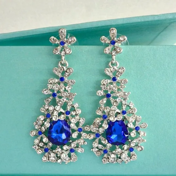 Blue Crystal Floral Spray Cluster Chandelier Earrings. Sapphire Rhinestone Teardrop Bridal Earrings. Blue Wedding Earrings, Dangle Earrings