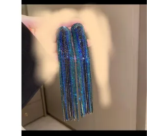 blue earrings ,large blue teal earrings very long fringe blue earrings , teal and blue  big huge crystal earrings , chandelier  6 inch