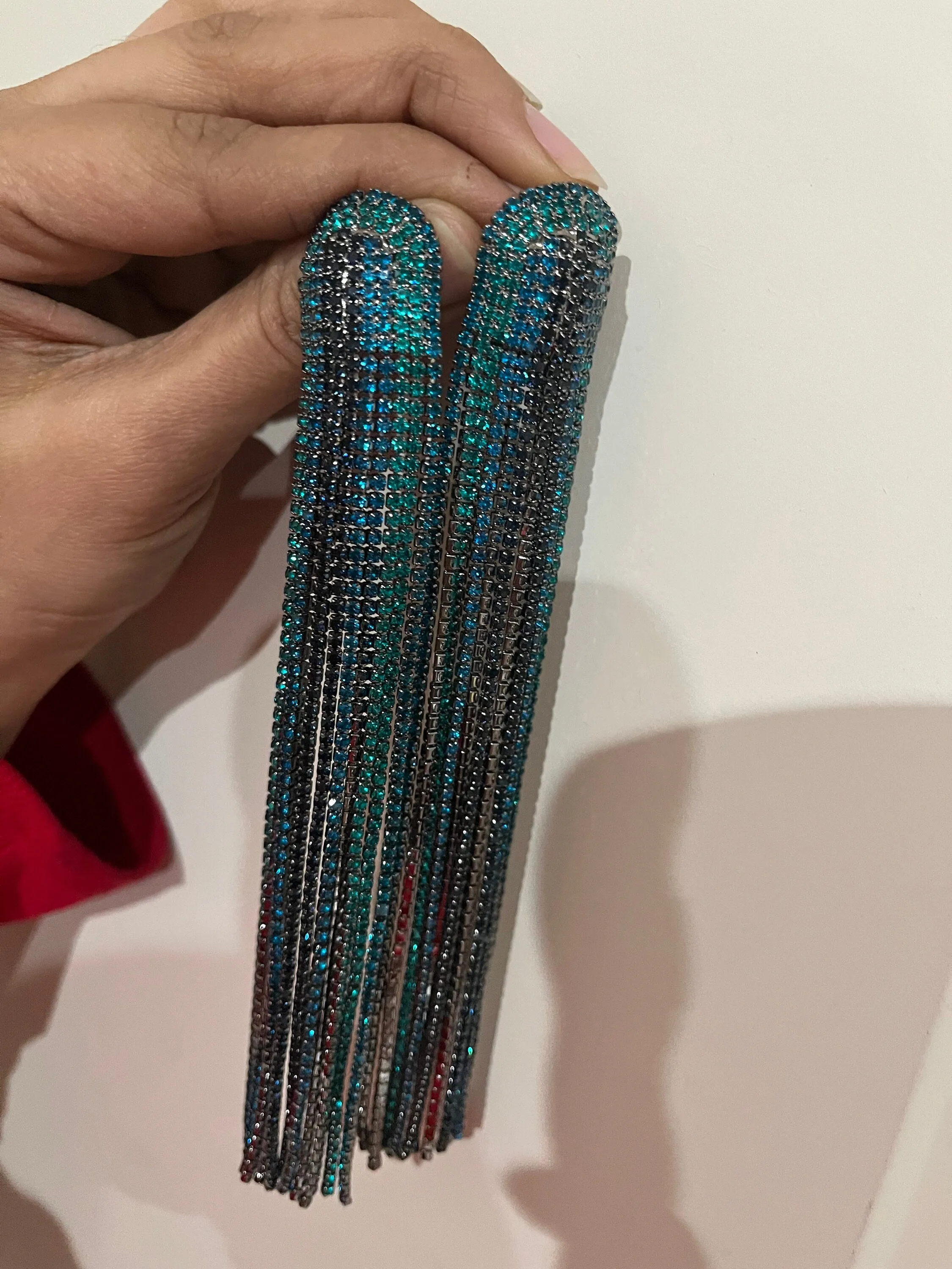 blue earrings ,large blue teal earrings very long fringe blue earrings , teal and blue  big huge crystal earrings , chandelier  6 inch