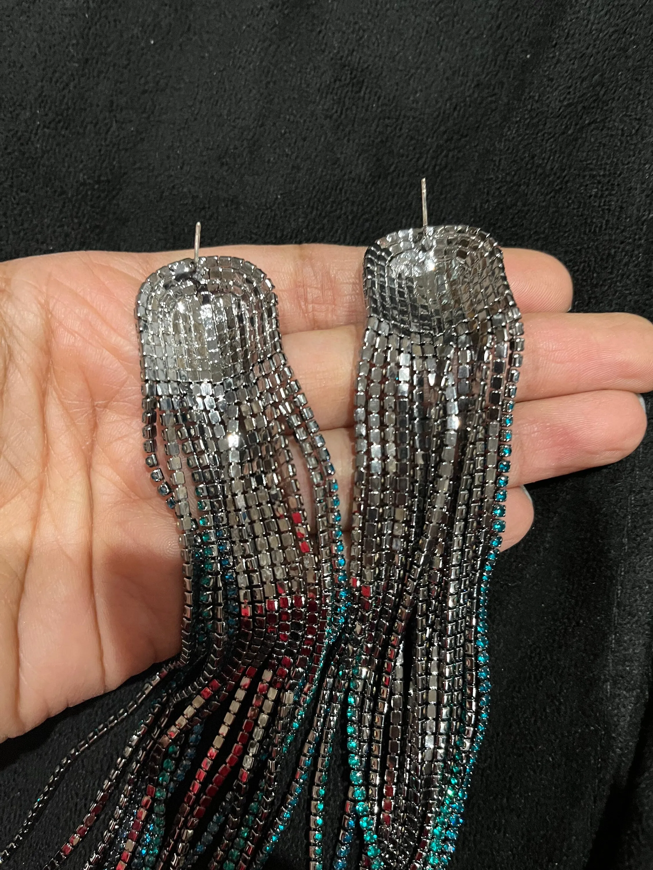 blue earrings ,large blue teal earrings very long fringe blue earrings , teal and blue  big huge crystal earrings , chandelier  6 inch