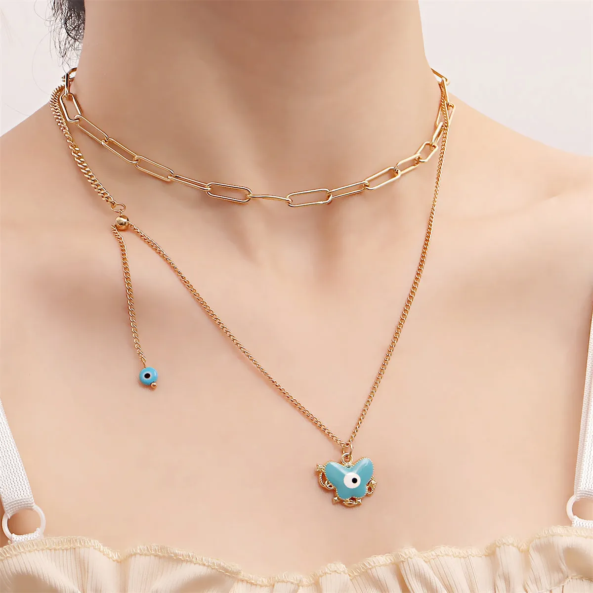 Blue Enamel & 18K Gold-Plated Eye Butterfly Layered Drop Pendant Necklace