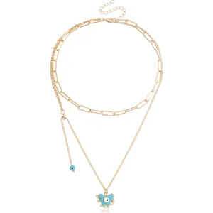 Blue Enamel & 18K Gold-Plated Eye Butterfly Layered Drop Pendant Necklace