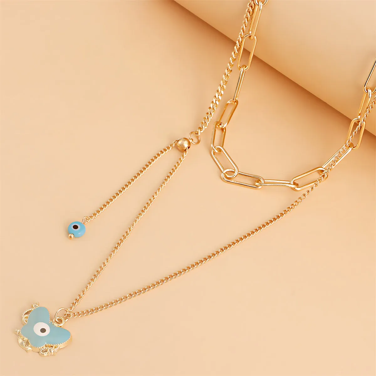 Blue Enamel & 18K Gold-Plated Eye Butterfly Layered Drop Pendant Necklace