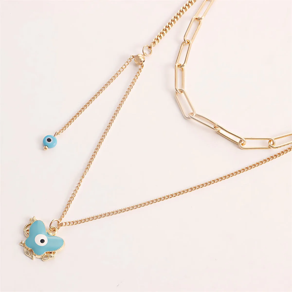 Blue Enamel & 18K Gold-Plated Eye Butterfly Layered Drop Pendant Necklace