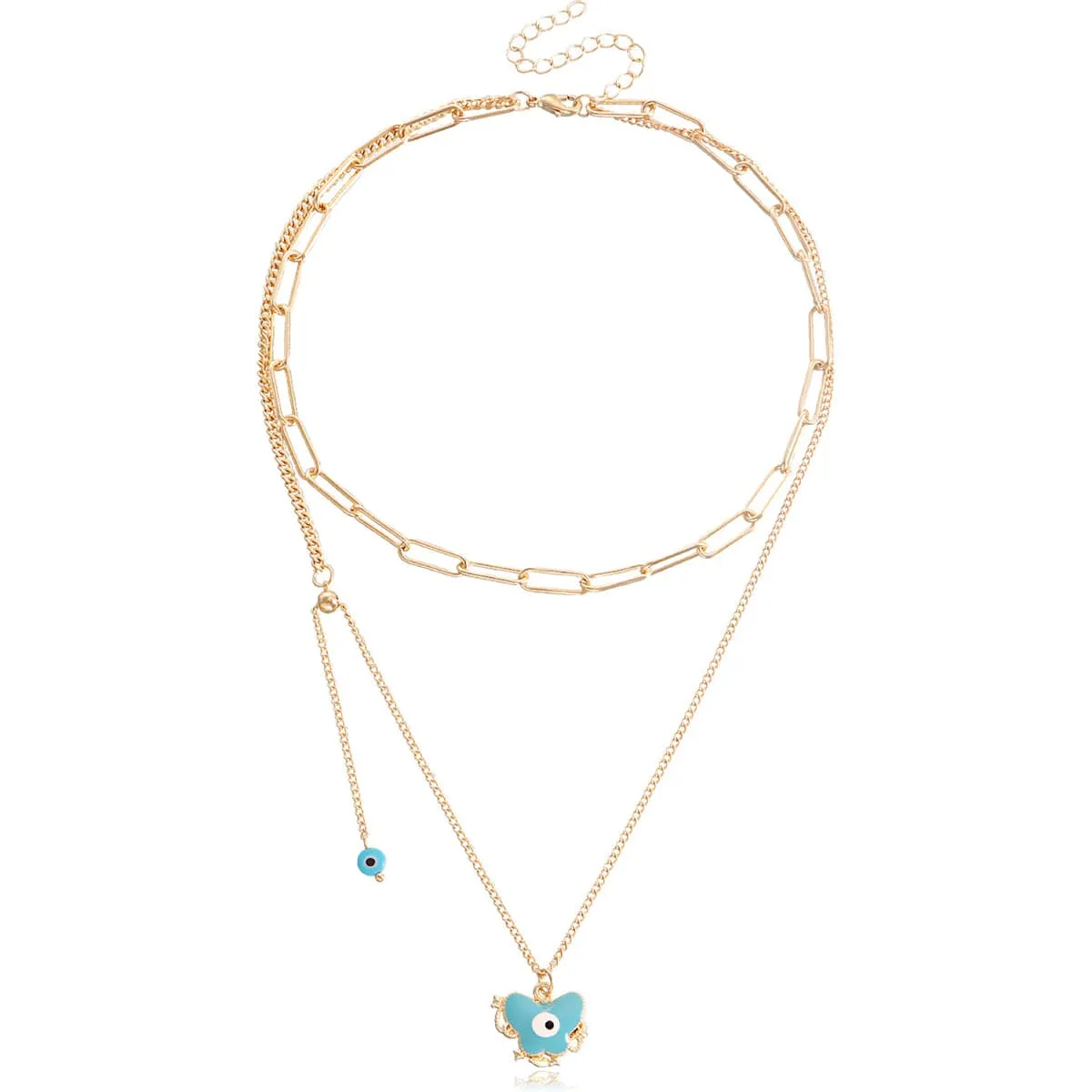 Blue Enamel & 18K Gold-Plated Eye Butterfly Layered Drop Pendant Necklace