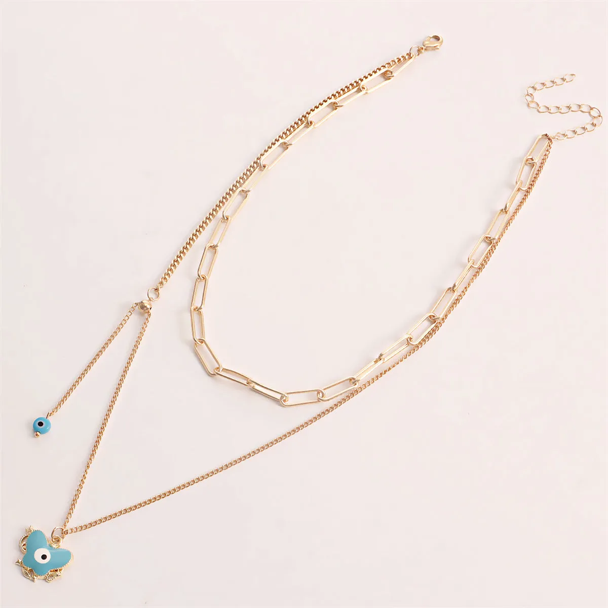 Blue Enamel & 18K Gold-Plated Eye Butterfly Layered Drop Pendant Necklace