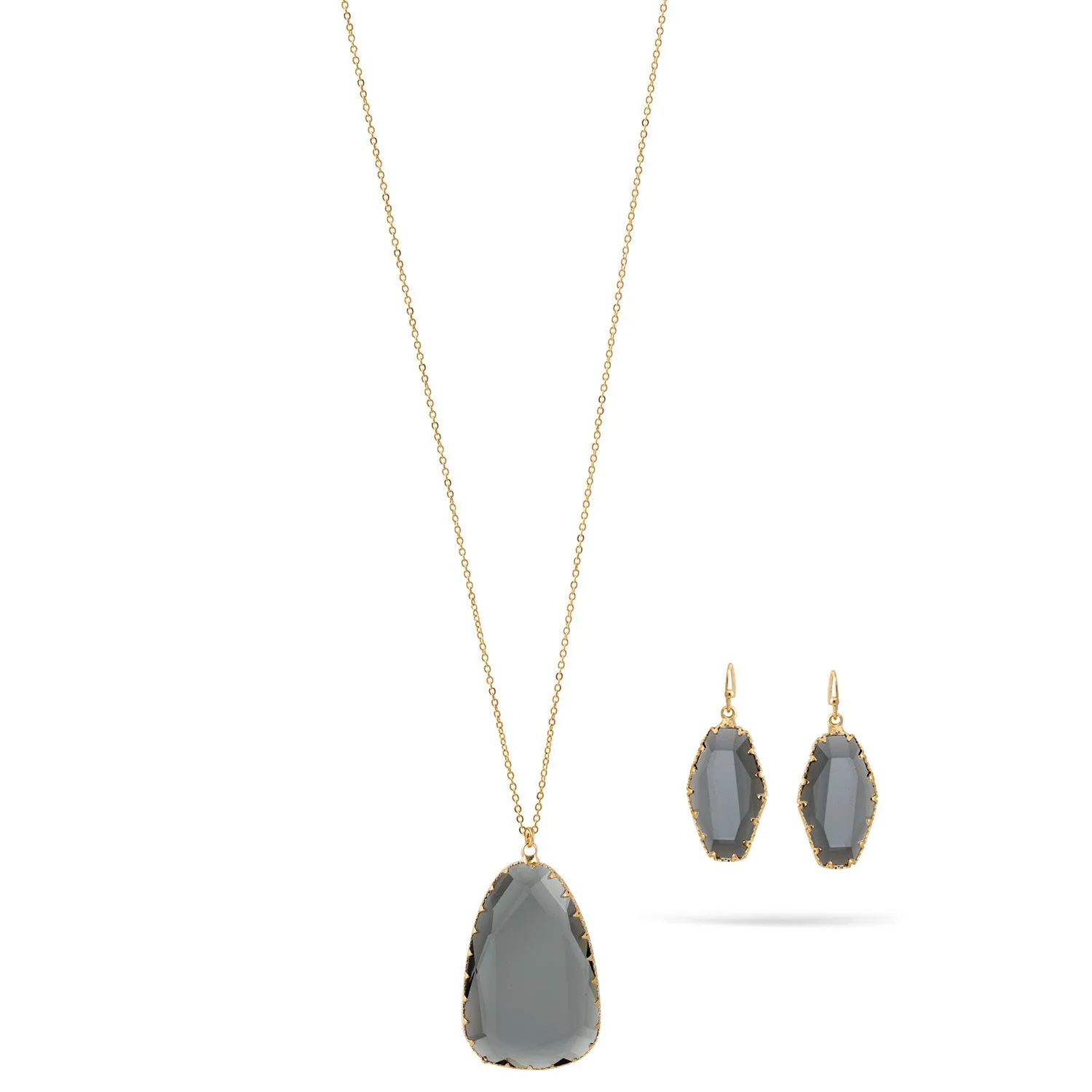 BLUE GREY CLEAR FACETED CRYSTAL GOLD PENDANT NECKLACE AND EARRINGS SET#SWYGX1810114GBLU (BE18)