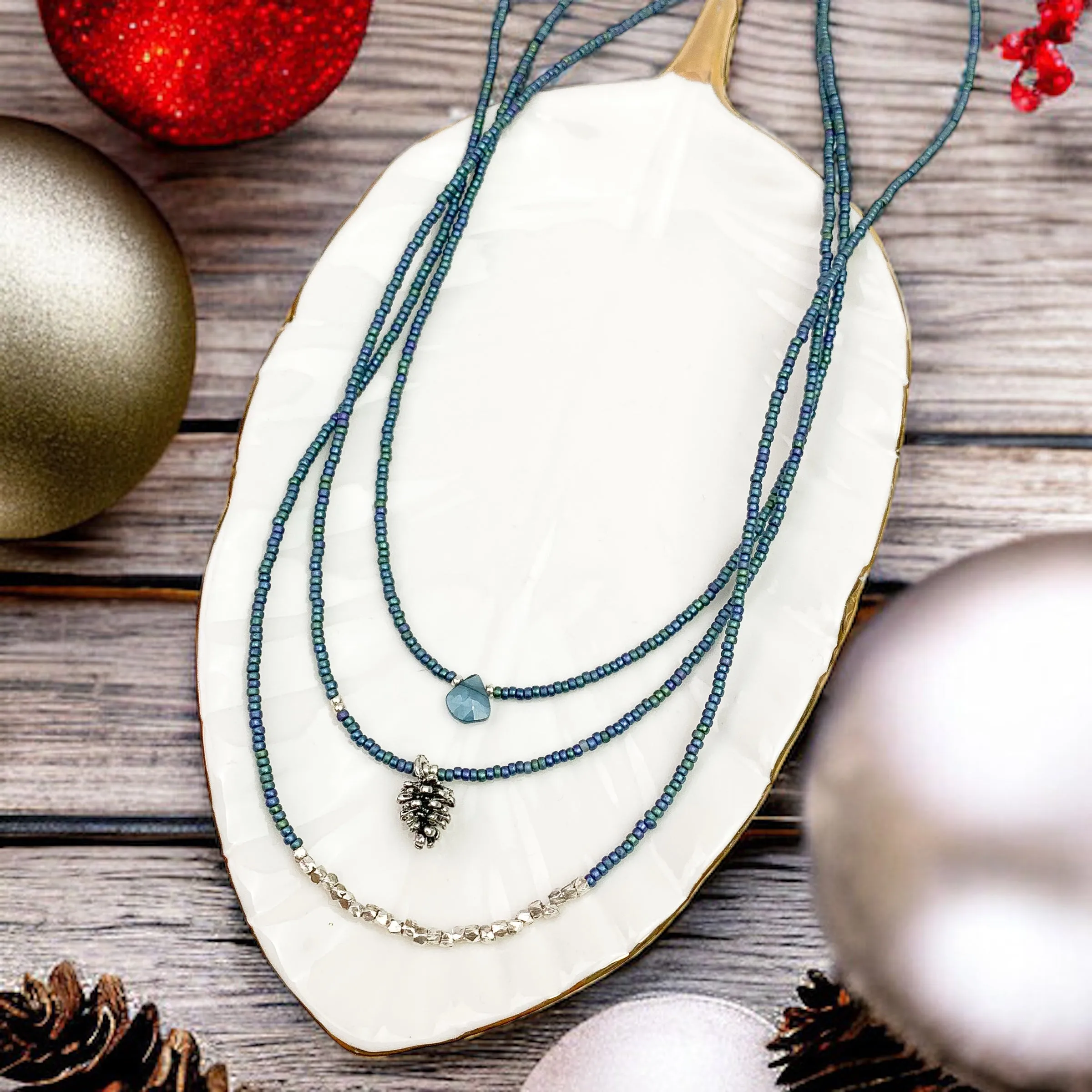 Blue Pinecone Cascade Necklace Set