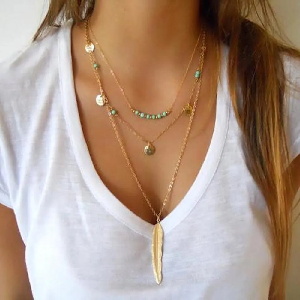 Boho Turquoise Gold Feather Necklace