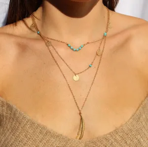 Boho Turquoise Gold Feather Necklace