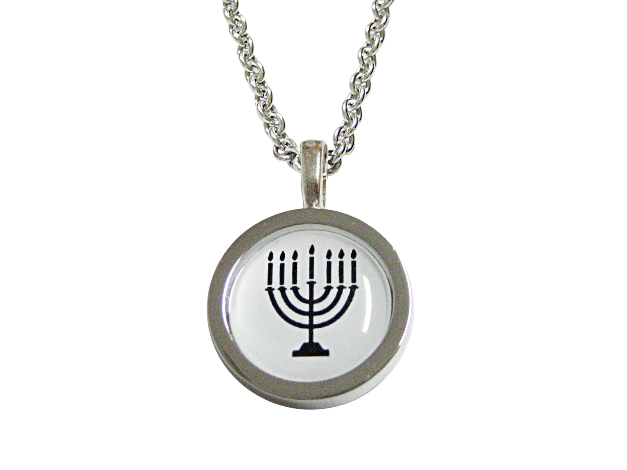 Bordered Round Menorah Pendant Necklace